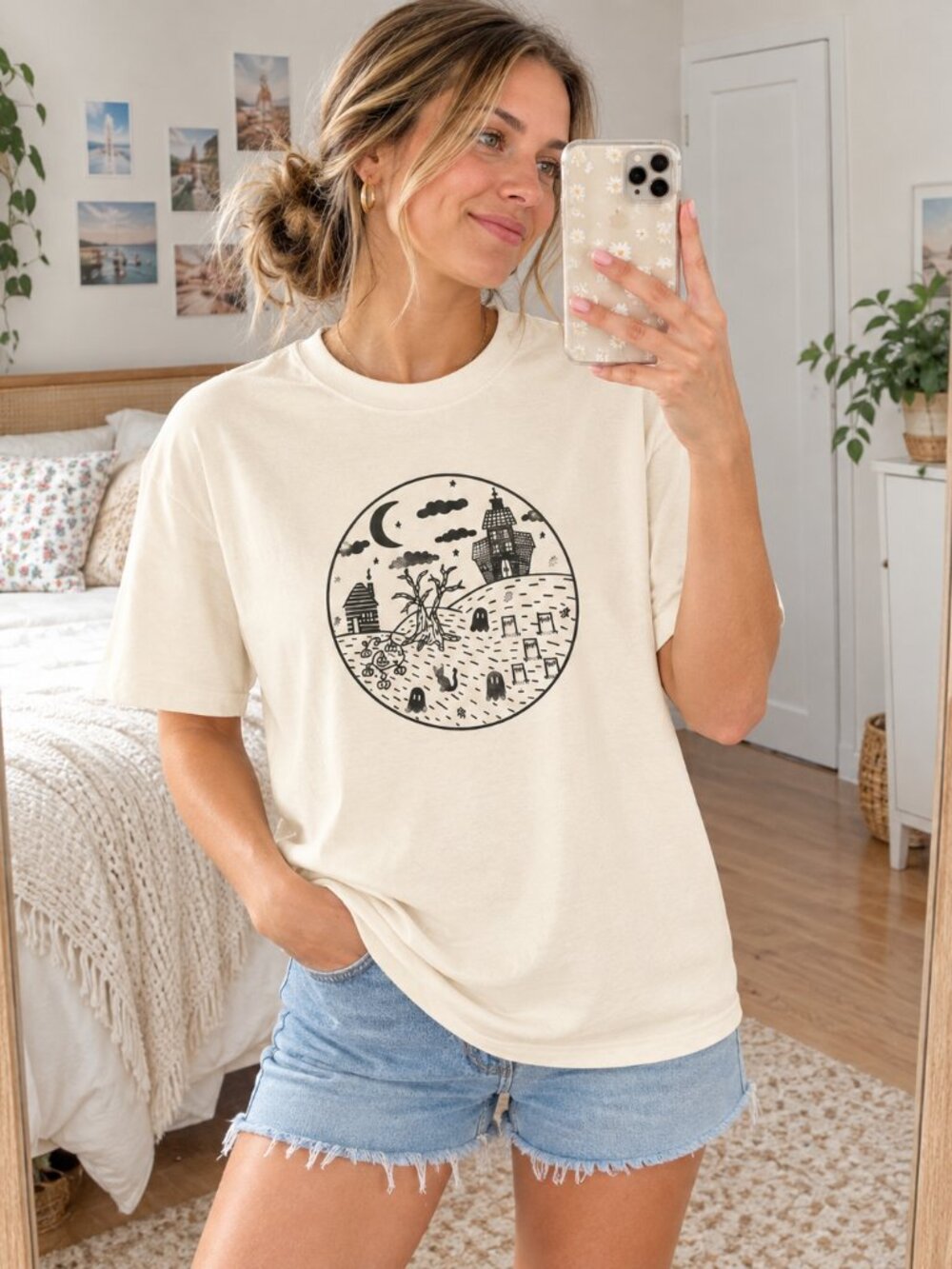 Hand Printed Halloween Tee Spooky Ghost Scene Soft Style Shirt Halloween Graphic